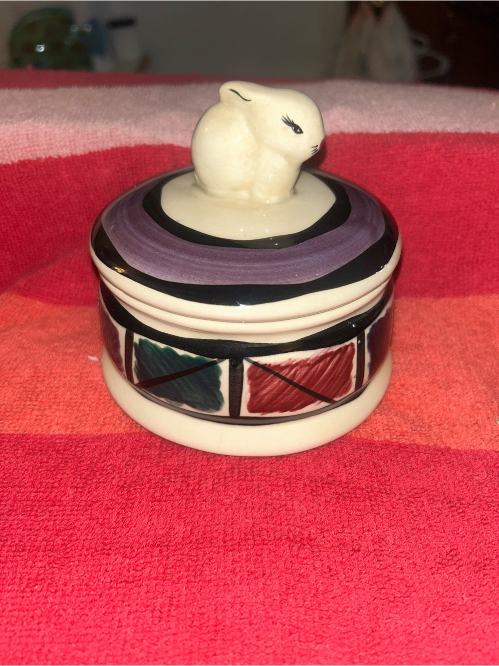 Ceramic Bunny Lidded Trinket Box in Cream with Purple Accent
